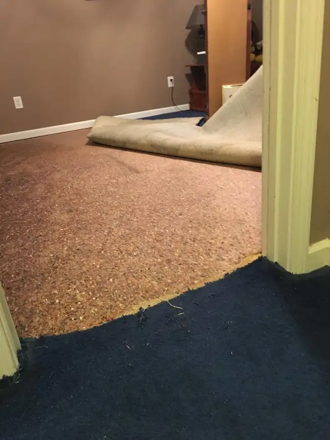 Carpet pad removal revealing water damage during Drying & Dehumidification in Solvay